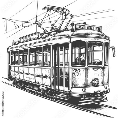 Vintage tram detailed line drawing illustration