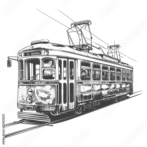 Vintage tram detailed hand drawn sketch illustration