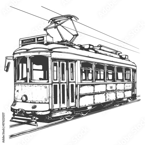 Vintage tram line drawing with intricate details