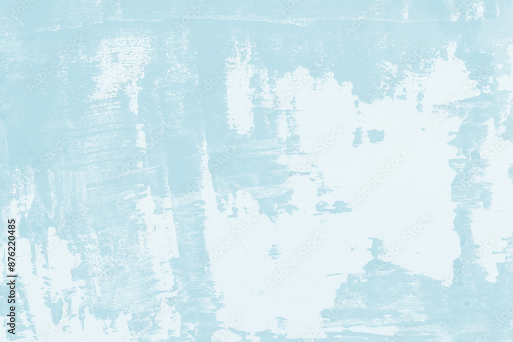 Obraz premium White Paint Covering A Blue Surface. Irregular White Brush Strokes On A Light Blue Background. Textured Faded Blue And White Background. Aging And Faded Wall. Grunge Brush Painted Texture.