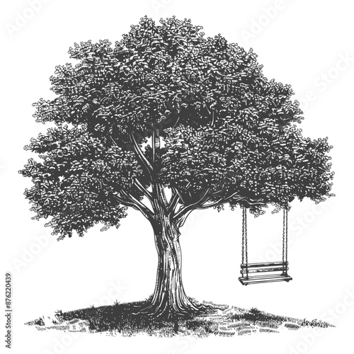 Lonely Tree with Swing in the Grass Field