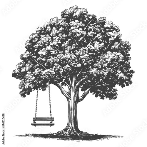 Detailed Etching of a Solitary Oak Tree with a Swing Hanging from its Low Branch