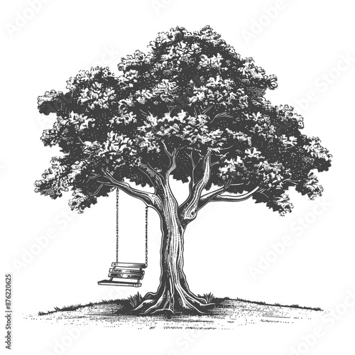 Detailed Etching of a Solitary Oak Tree with a Swing Hanging from One of Its Branches