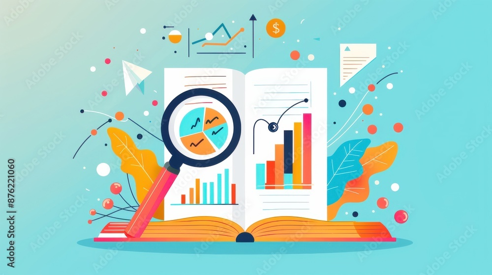 Critical analysis, magnifying glass over documents, flat design illustration Critical analysis, magnifying glass over documents, flat design illustration