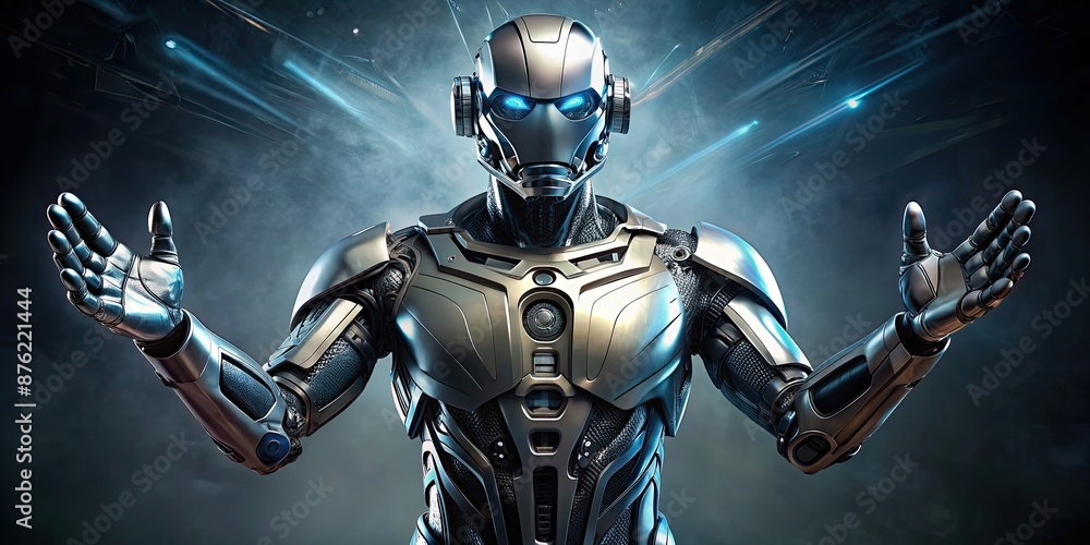 Futuristic cyborg in metallic armored exoskeleton gesturing with outstretched arms, cyborg, futuristic Futuristic cyborg in metallic armored exoskeleton gesturing with outstretched arms, cyborg, futuristic