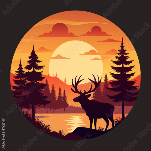 Beautiful horned deer in the forest with family surrounded by trees on sunset background. Vector paper art in black dark and orange tone. Quiet, warm, euphoric and happy animal life.