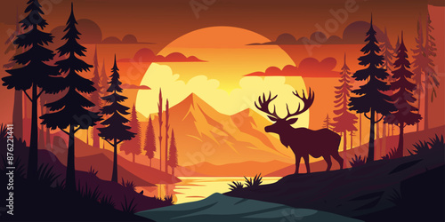 Beautiful horned deer in the forest with family surrounded by trees on sunset background. Vector paper art in black dark and orange tone. Quiet, warm, euphoric and happy animal life.