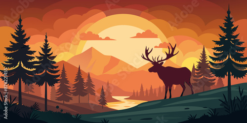 Beautiful horned deer in the forest with family surrounded by trees on sunset background. Vector paper art in black dark and orange tone. Quiet, warm, euphoric and happy animal life.
