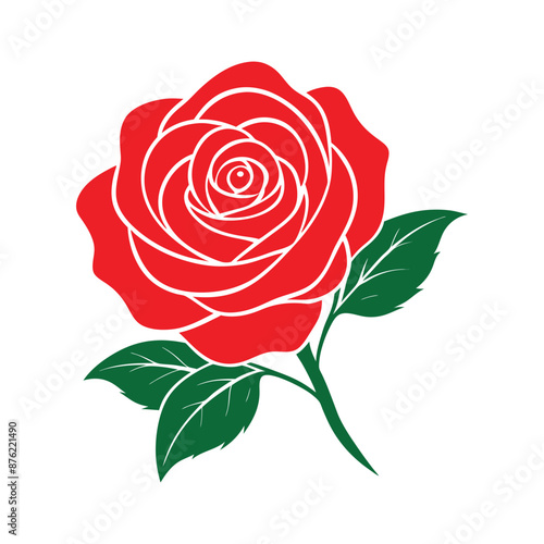 A red rose with green leaves vector art illustration.