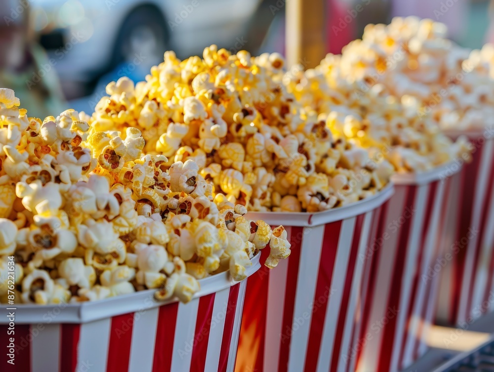 Buttery Popcorn in Red and White Striped Buckets Buttery Popcorn in Red and White Striped Buckets