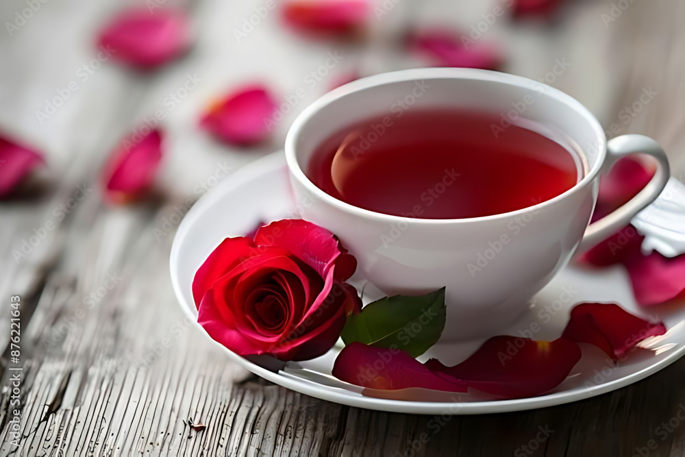 A white cup of herbal tea accompanied by a red rose and scattered rose petals on a rustic wooden table. A white cup of herbal tea accompanied by a red rose and scattered rose petals on a rustic wooden table.