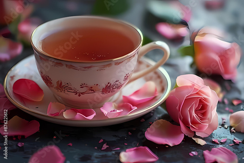 A delicate cup of rose tea served in an elegant floral porcelain cup, surrounded by pink rose petals, creating a serene and aromatic experience.