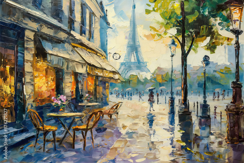 oil painting with palatte knife style of Paris street landscape location