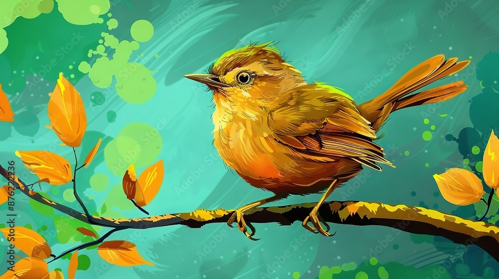 A bird perched on a leafy branch against a blue-green canvas, surrounded by glistening bubbles A bird perched on a leafy branch against a blue-green canvas, surrounded by glistening bubbles