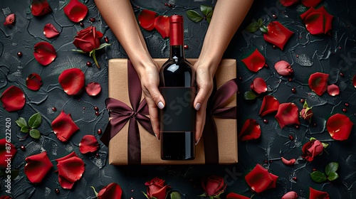 valentine s day dark background,bottle of wine glasses gift box roses petals.stock photo photo