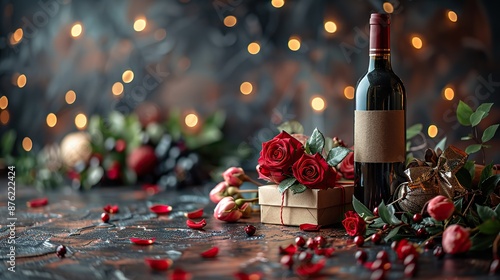 valentine s day dark background,bottle of wine glasses gift box roses petals.stock photo photo