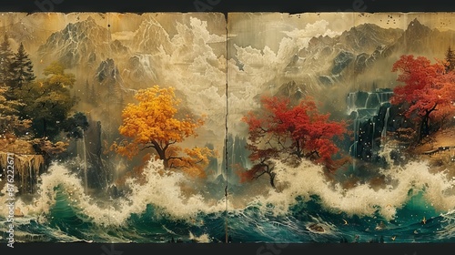 quadriptych with 4 elements and seasons, natural depiction of seasonality photo