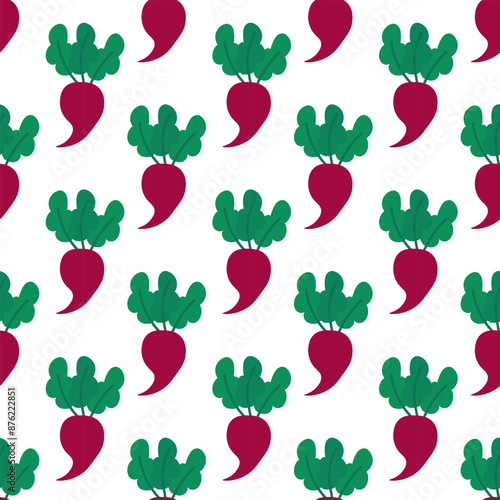 Seamless pattern with beetroot on white background. Summer vegetable wallpaper. Vector flat illustration.