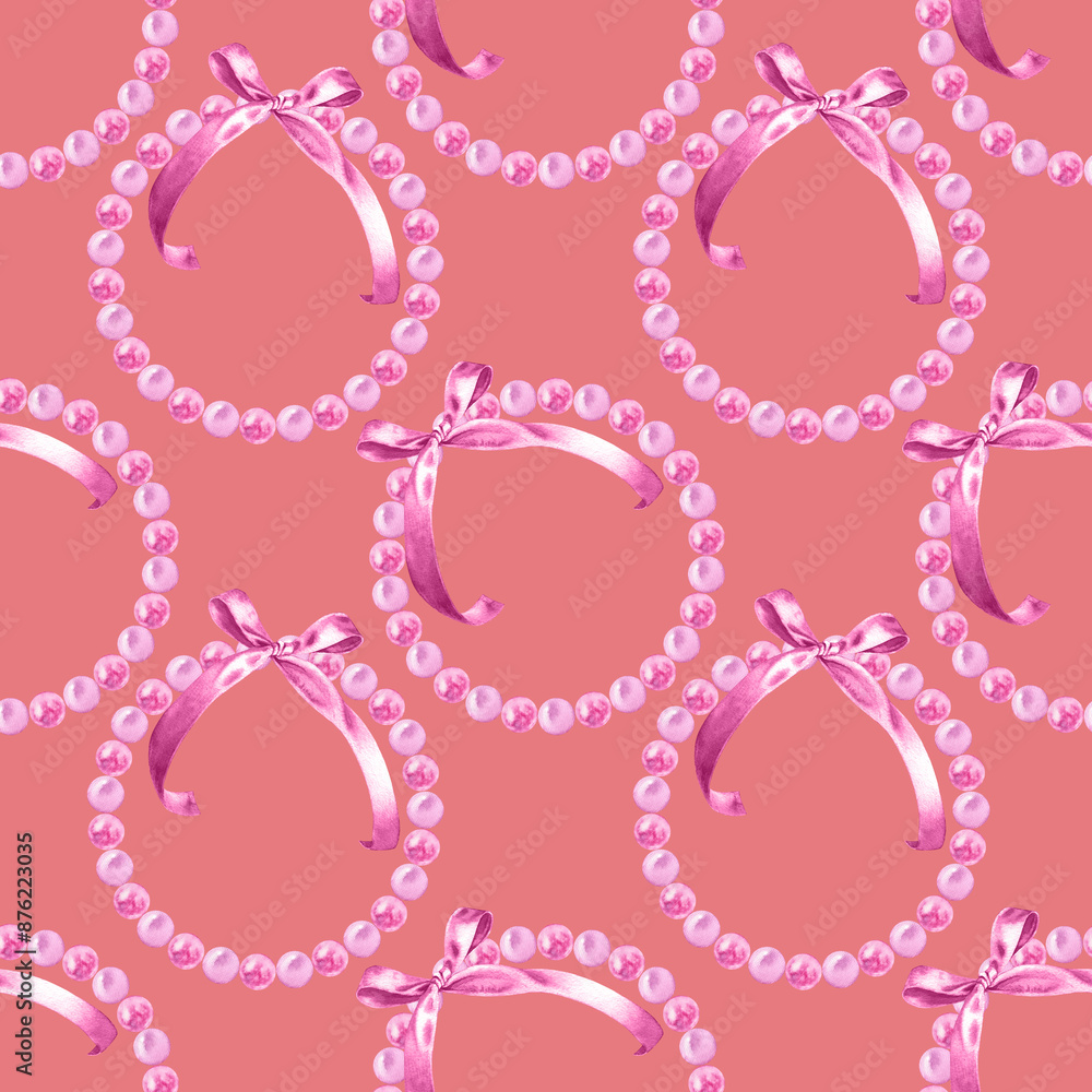 Seamless pattern of watercolor shiny pink pearls jewelry, bracelet, necklace, frame gift bow. Glamour, marine. Painted elements on coral background. Hand drawn illustration. For fabric, wrapping Seamless pattern of watercolor shiny pink pearls jewelry, bracelet, necklace, frame gift bow. Glamour, marine. Painted elements on coral background. Hand drawn illustration. For fabric, wrapping