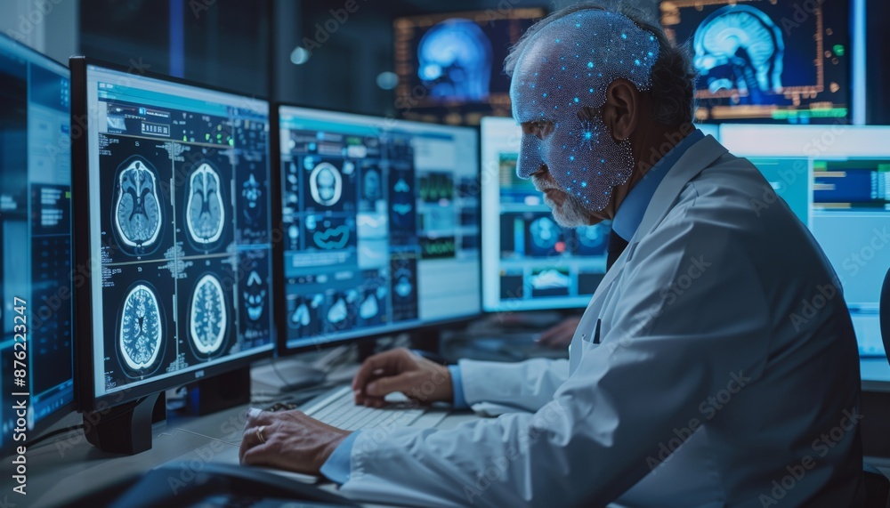 Retro Radiologist Computer radiologist reviewing AI-generated imaging results on a computer screen ...