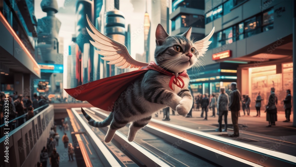 Naklejka premium A cat with wings flying over a city street, AI