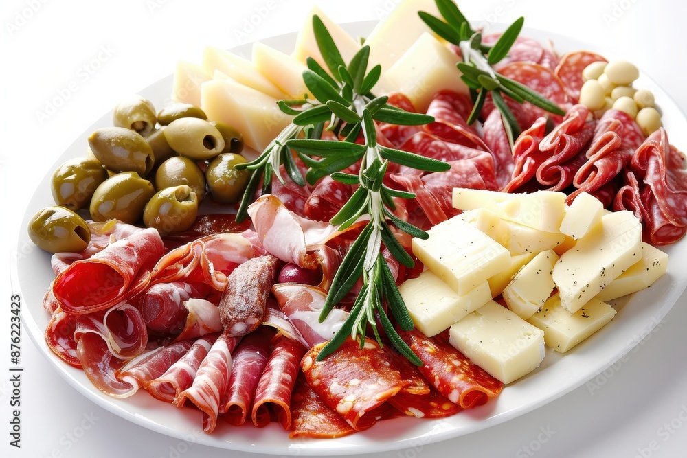 Scrumptious Italian Antipasti Platter with Cured Meats, Cheeses, and Olives on a White Background Scrumptious Italian Antipasti Platter with Cured Meats, Cheeses, and Olives on a White Background
