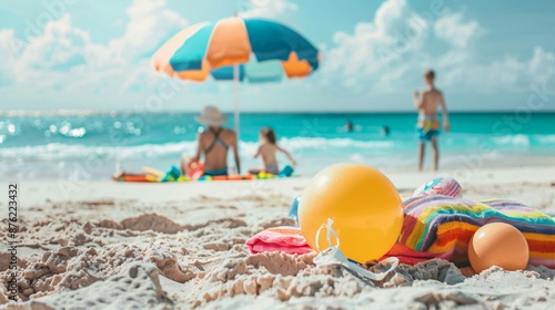 Wallpaper Mural A minimalist beach setup with colorful towels, bright beach balls, and a simple umbrella, with a family playing in the background Torontodigital.ca