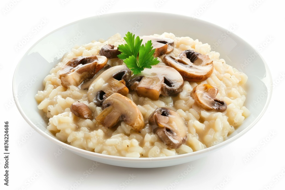 Gourmet Delight: Creamy Mushroom Risotto in a Bowl on White Background with Soft Lighting Gourmet Delight: Creamy Mushroom Risotto in a Bowl on White Background with Soft Lighting