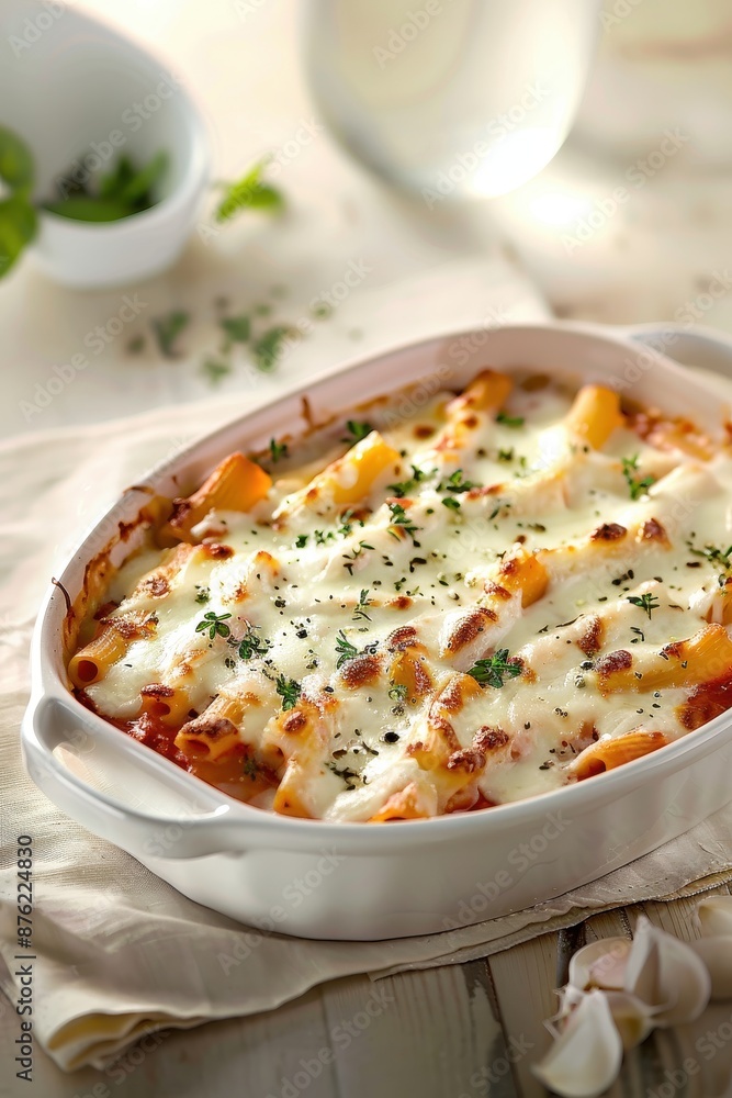 Comforting Baked Ziti Delight with Mozzarella Cheese on Pastel Background under Clear Light Comforting Baked Ziti Delight with Mozzarella Cheese on Pastel Background under Clear Light
