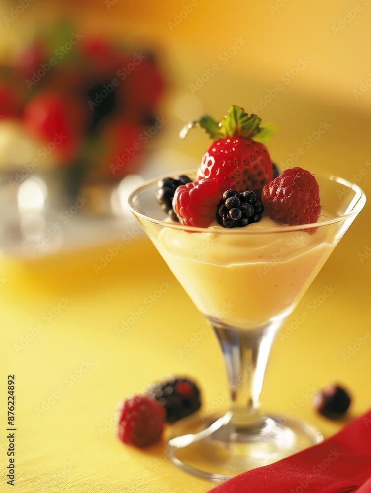 Delightful Zabaglione Dessert with Fresh Berries on Yellow Background in Soft Light Delightful Zabaglione Dessert with Fresh Berries on Yellow Background in Soft Light