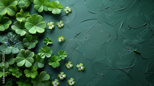 st patricks day banner design flat lay paper art four leaf clover on green background,copy space.illustration photo