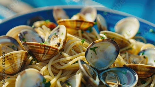 Delightful Cuisine Photography of Spaghetti alle Vongole with Clams on Vibrant Blue Background