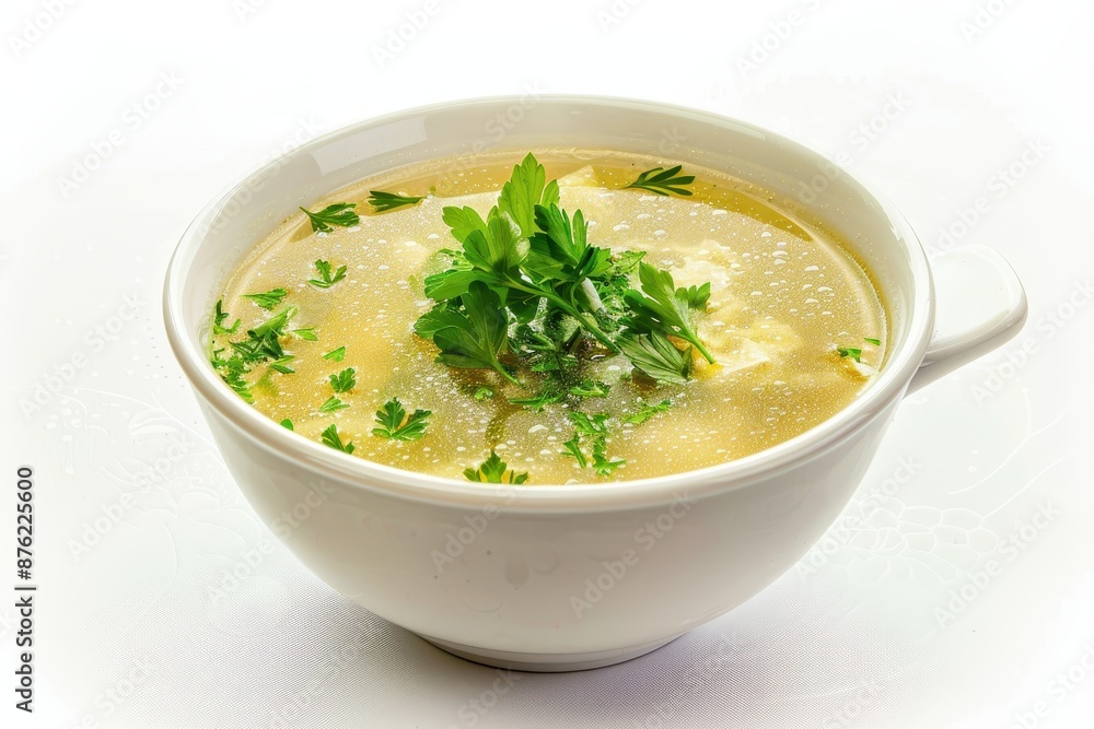 Savory Egg Drop Soup with Italian Herbs on Clean White Background under Soft Light - Culinary Delight Concept Savory Egg Drop Soup with Italian Herbs on Clean White Background under Soft Light - Culinary Delight Concept