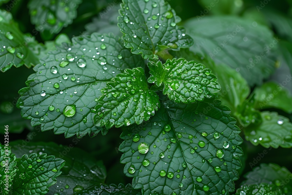 Fresh Mint Leaves with Dew Drops - Nature Background, Herbal Texture for Print, Poster, or Design Fresh Mint Leaves with Dew Drops - Nature Background, Herbal Texture for Print, Poster, or Design