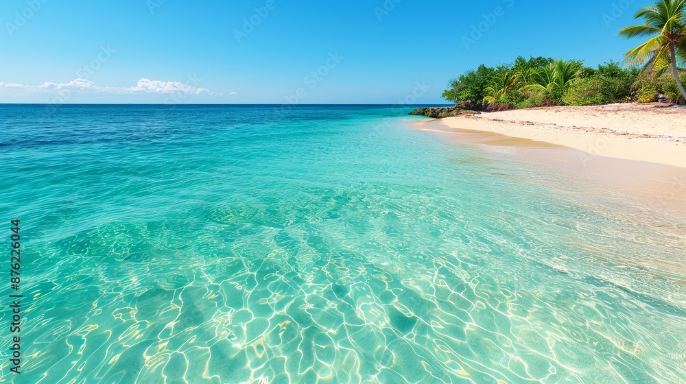 Obraz premium Portray idyllic beachfront landscapes with nature plates, showcasing sunlit shores, pristine waters, and the tranquil charm of coastal environments. Clean and Clear Color, Realistic Photo, ,