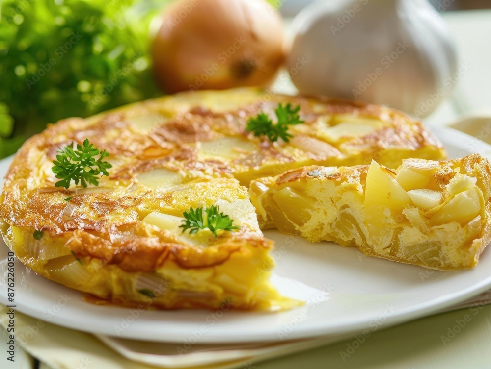 Authentic Spanish Tortilla Omelette with Potatoes on Green Background in Soft Light Authentic Spanish Tortilla Omelette with Potatoes on Green Background in Soft Light