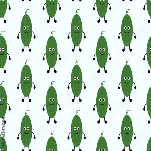 Friendly Cucumber seamless pattern. Vegetable wallpaper. Vegan raw background. Vegetarian food. Farm market product. Vector flat illustration.