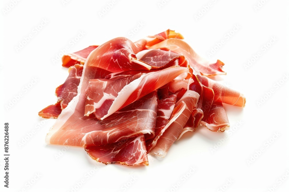 Exquisite Cuisine Presentation of Thinly Sliced Jamon Iberico on White Background with Clear Lighting Exquisite Cuisine Presentation of Thinly Sliced Jamon Iberico on White Background with Clear Lighting