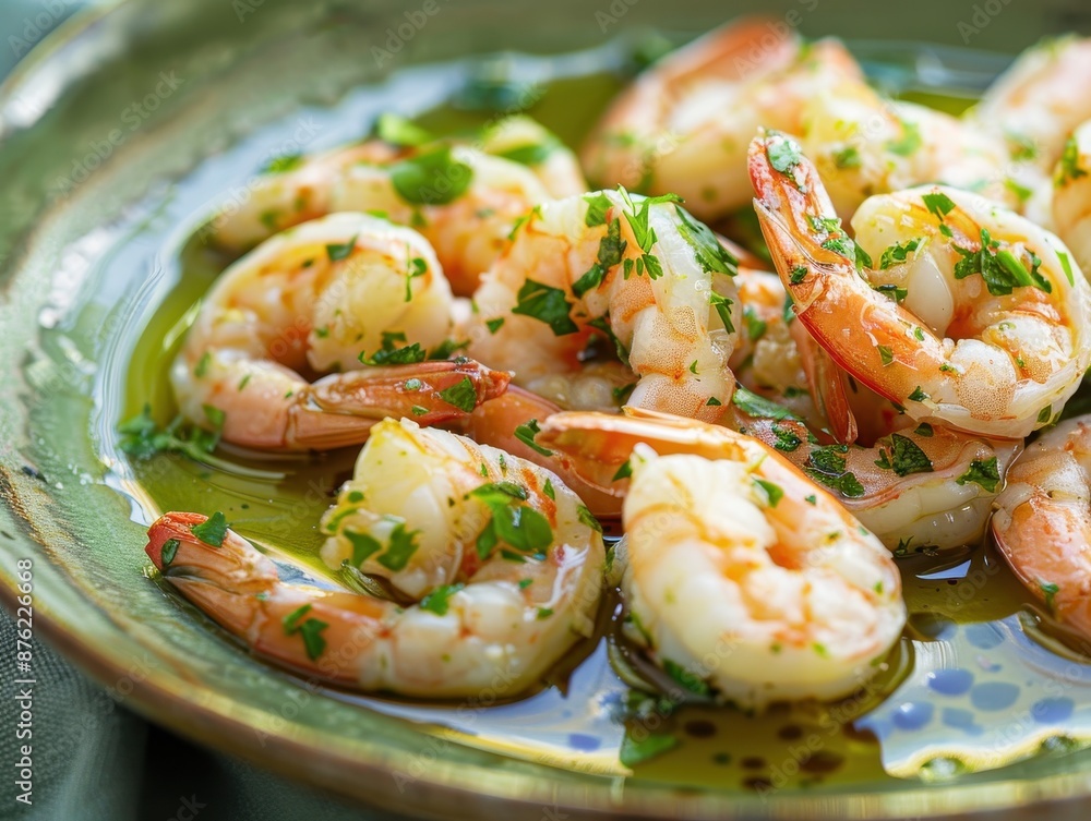 Sizzling Gambas al Ajillo - Mouthwatering Garlic Shrimp on Plate with Olive Oil, Green Background, and Clear Light Sizzling Gambas al Ajillo - Mouthwatering Garlic Shrimp on Plate with Olive Oil, Green Background, and Clear Light