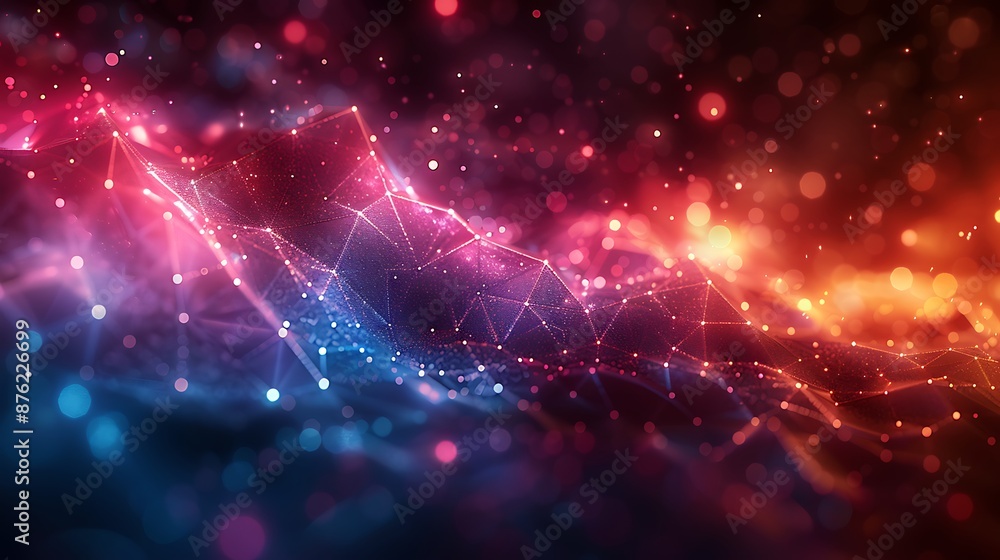 Obraz premium A geometric abstract background featuring a complex polygonal mesh, vibrant color transitions from blue to purple to pink.