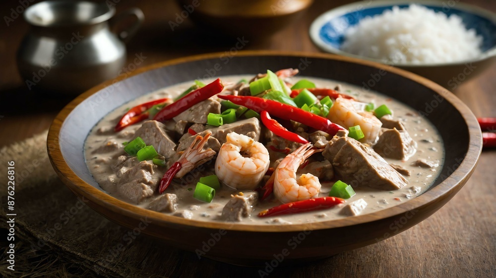 bicol express bicol express a rich and creamy stew ma Filipino dish served aesthetically in wooden plate and table bicol express bicol express a rich and creamy stew ma Filipino dish served aesthetically in wooden plate and table