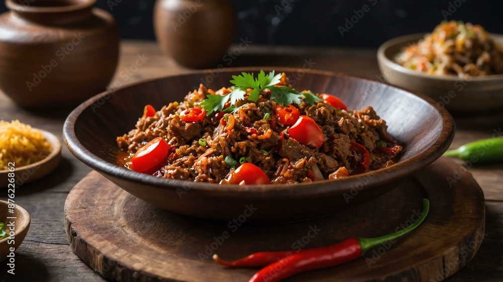 bopis spicy dish made from minced pork lungs and hear Filipino dish served aesthetically in wooden plate and table bopis spicy dish made from minced pork lungs and hear Filipino dish served aesthetically in wooden plate and table