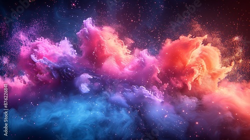 A geometric abstract background featuring a dynamic geometric explosion, vibrant color transitions from blue to purple to pink.