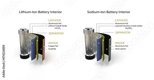 Inside A Lithium-Ion Battery and sodium-ion Battery. 3D render 