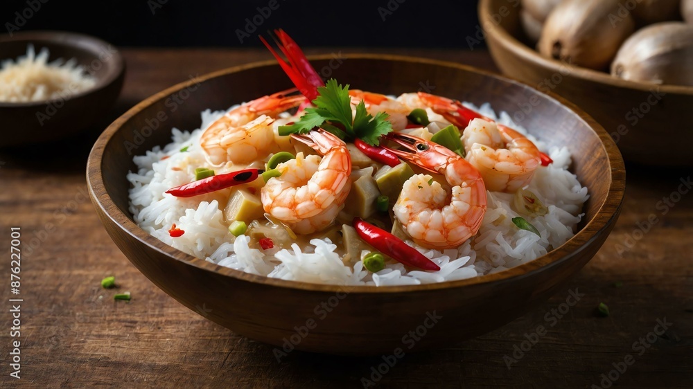 ginataang hipon shrimp cooked in coconut milk with ga Filipino dish served aesthetically in wooden plate and table ginataang hipon shrimp cooked in coconut milk with ga Filipino dish served aesthetically in wooden plate and table