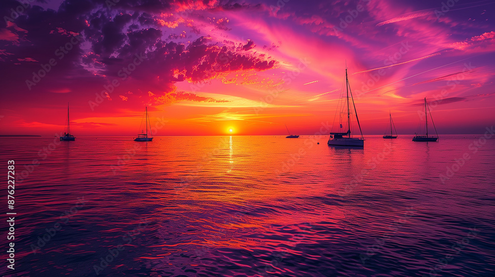 Literal description of the image: Sailing boats on the ocean at sunset with purple and orange sky. Literal description of the image: Sailing boats on the ocean at sunset with purple and orange sky.