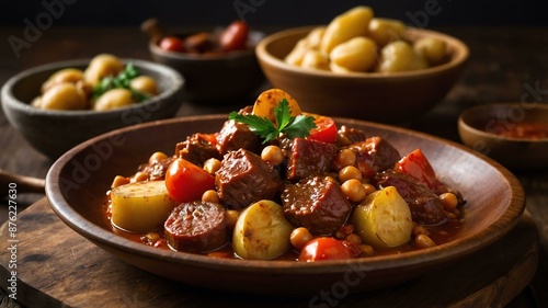 pochero beef stew with chorizo spanish sausage tomato Filipino dish served aesthetically in wooden plate and table