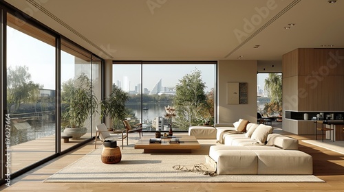 Openplan living room with minimalistic furniture neutral color scheme large windows contemporary style 3D render photo