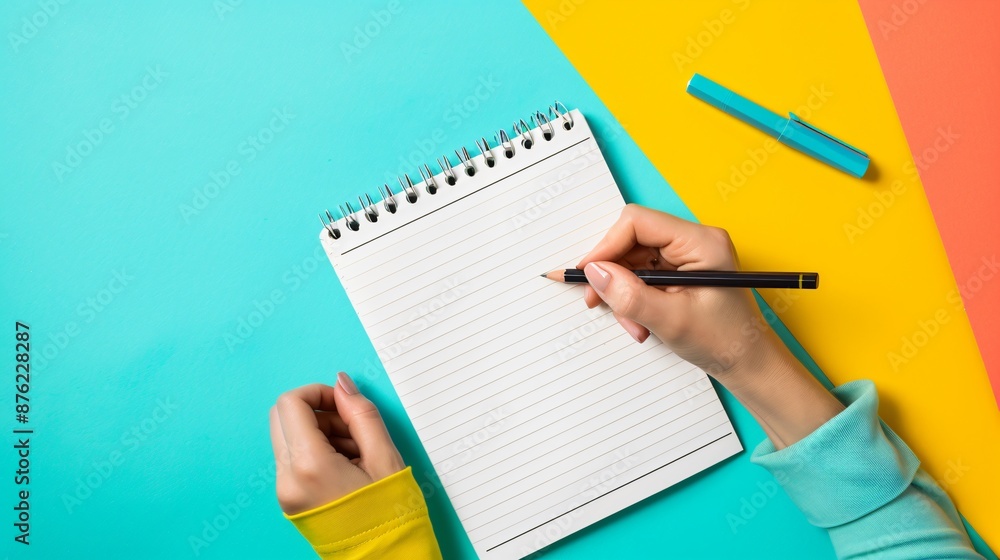 Close up shot of the person's hands writing travel tips on a minimalist notepad with colorful borders Close up shot of the person's hands writing travel tips on a minimalist notepad with colorful borders
