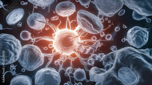 Tumor microenvironment concept with cancer cells, T-Cells, nanoparticles, cancer associated fibroblast layer of tumor microenvironment normal cells, molecules, and blood vessels 3d rendering